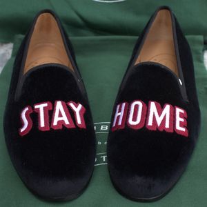 NIB | Stubbs & Wootton RARE Stay Home Embroidered Slipper | Black Velvet | Wmn 7
